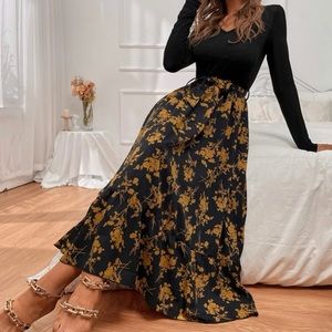 Dress: Belted, A Line, floral with full sleeves. Fall Colours. Size 10